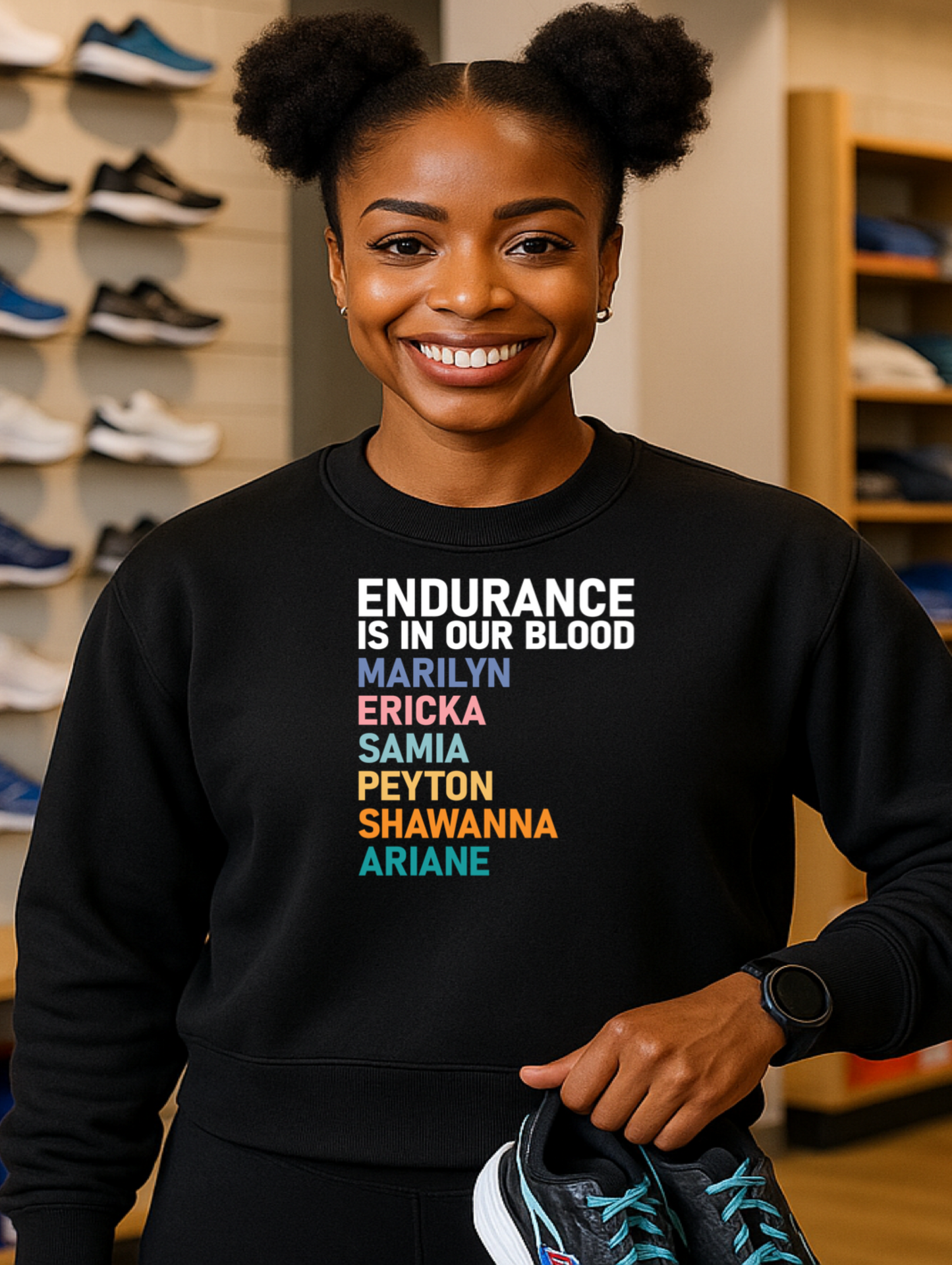 A woman wearing a black sweatshirt with a list of black female marathoners standing in a running store