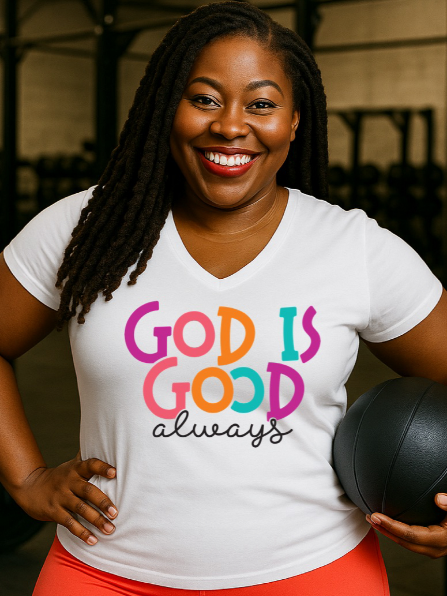 Woman wearing a white t-shirt with 'God is Good always' text, holding a basketball.
