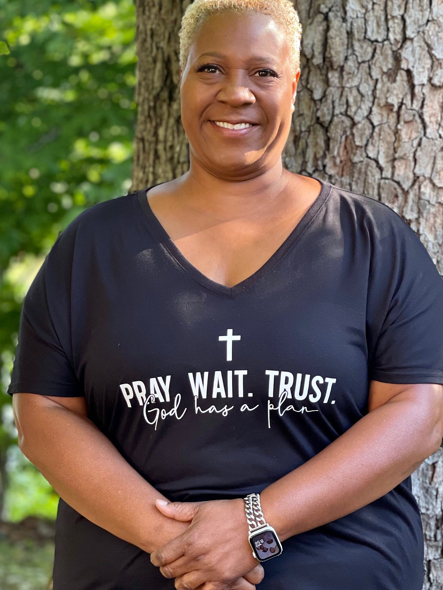 Pray Wait Trust God Has A Plan Tri- Blend V-Neck T-Shirt