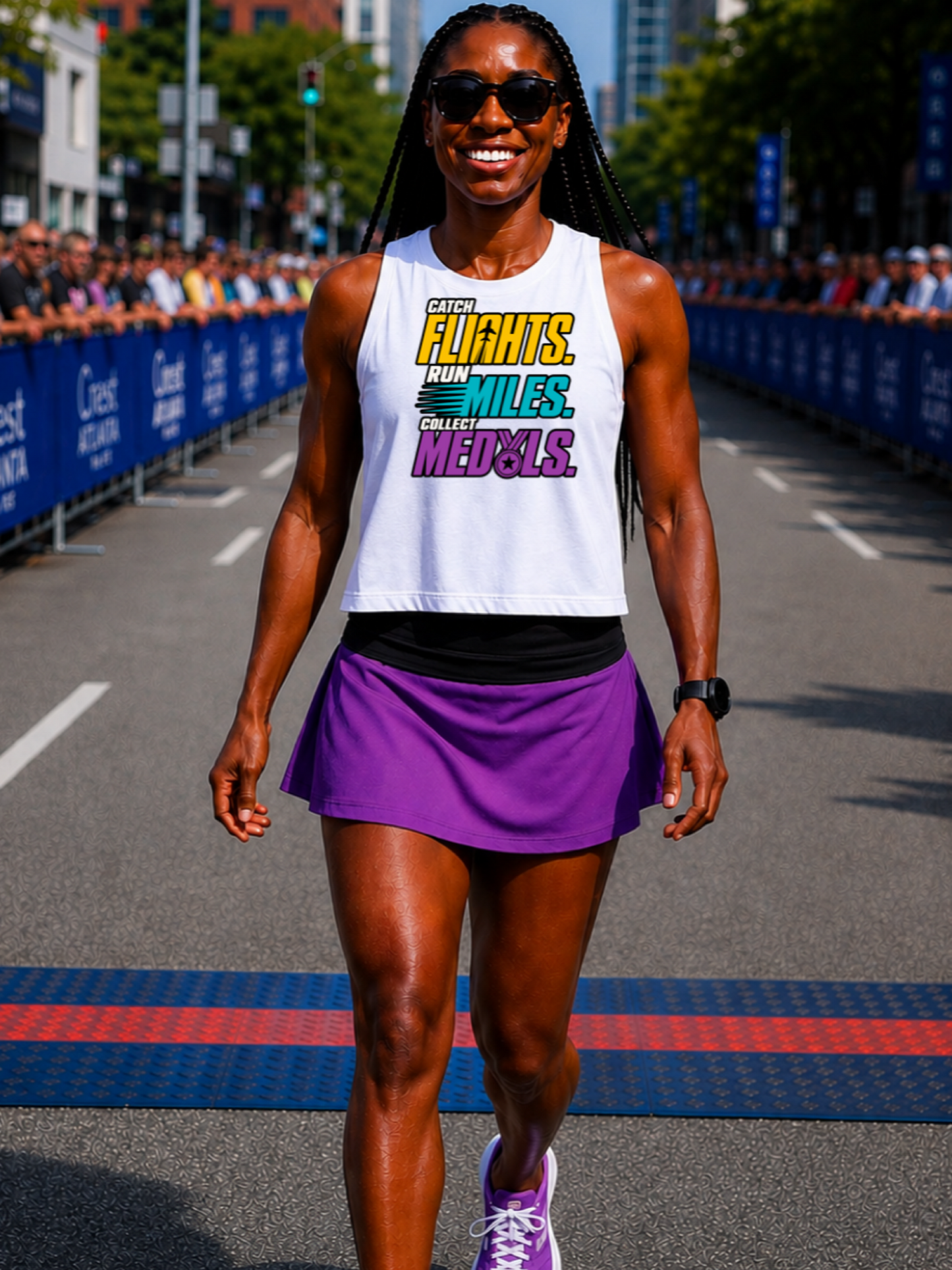 Catch Flights, Run Miles, Collect Medals Crop Tank