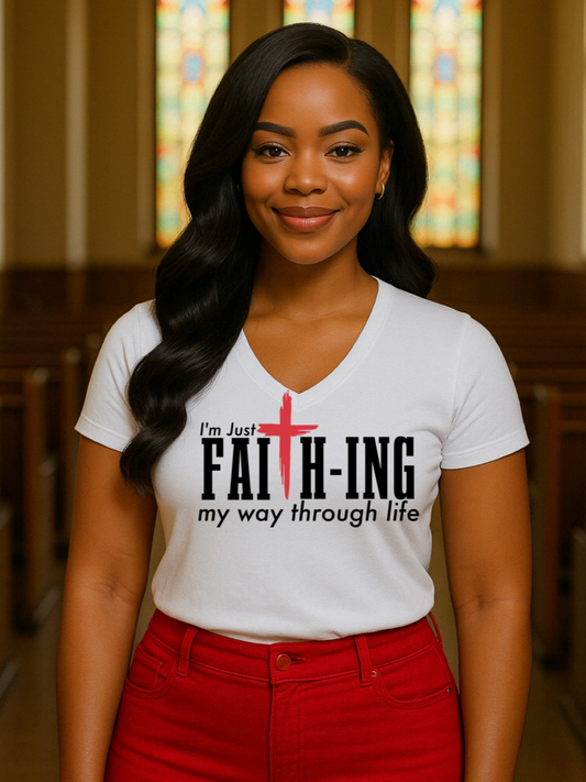 Faithing it white t shirt on a black woman innchurch