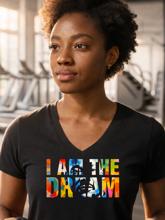 Woman wearing a black t-shirt with 'I AM THE DREAM' text in colorful letters in a gym setting.
