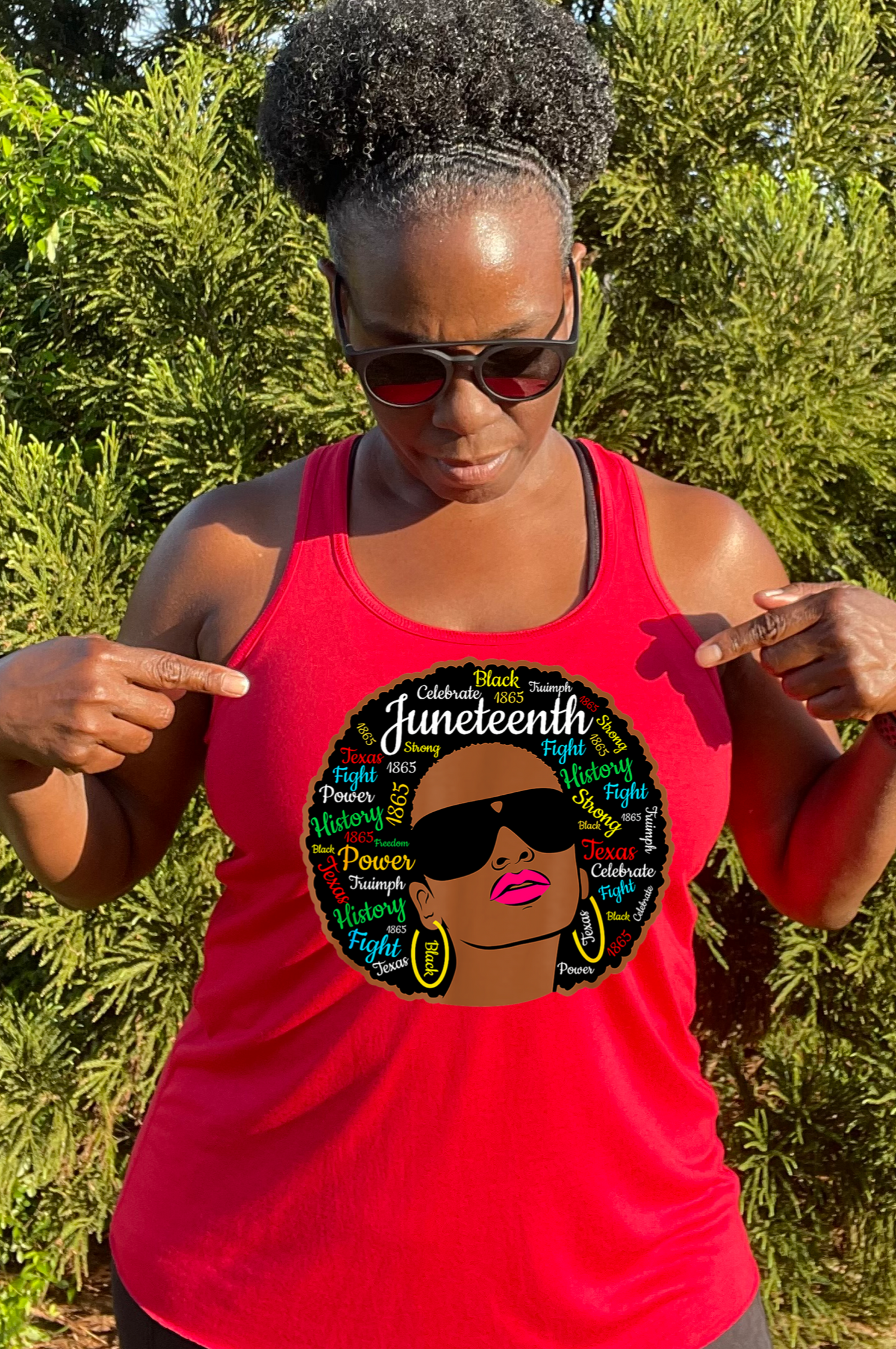 Red Juneteenth fitness tank top with Afro girl