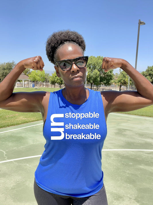 Girl in Royal Blue Unstoppable Unshakeable Unbreakable Fitness Muscle tank