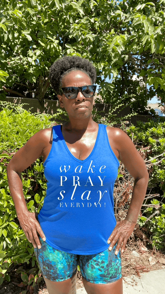 Wake pray slay Everyday royal blue running tank top