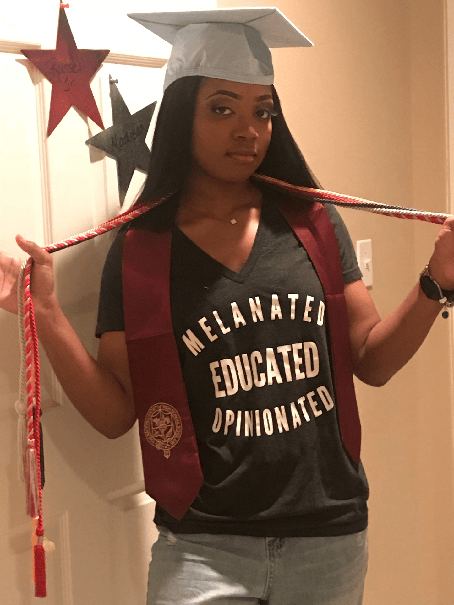 Melanated Educated Opinionated V Neck T Shirt T shirt on high school graduate