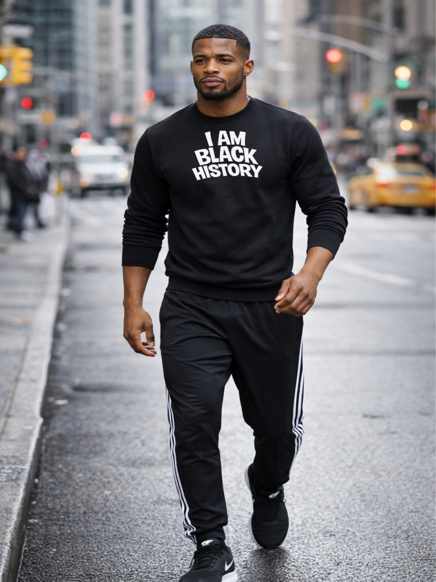 Man walking on a city street wearing a black sweatshirt with 'I AM BLACK HISTORY' text.