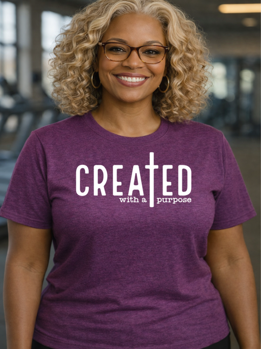 Person wearing a purple t-shirt with 'CREATED with a purpose' text in an indoor setting