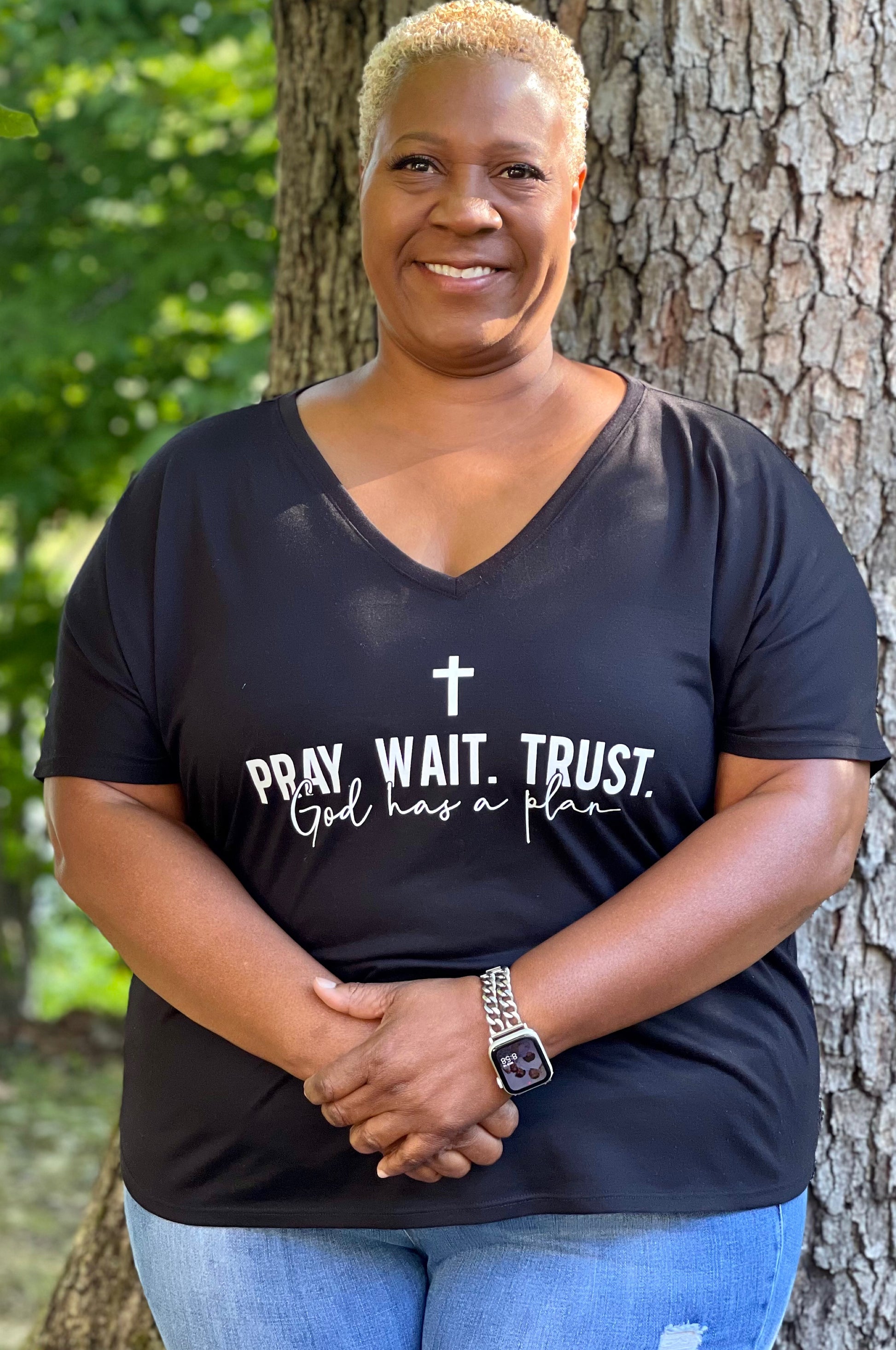 Pray Wait Trust God Has A Plan Tri- Blend V-Neck T-Shirt – Natural & Fit  Designs