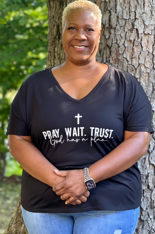 Pray Wait Trust God Has A Plan Tri- Blend V-Neck T-Shirt
