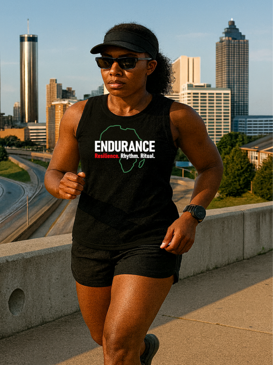 Woman running on a sidewalk with a city skyline in the background. Tank top says  Endurance, Resilience, Rhythm and Ritual 