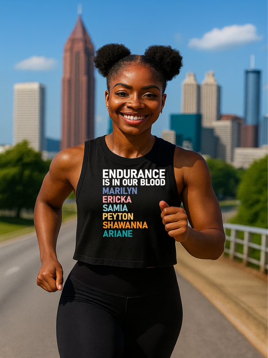 Black Runner in the Endurance is in our Blood crop tank - Black female marathoners are listed on the tank