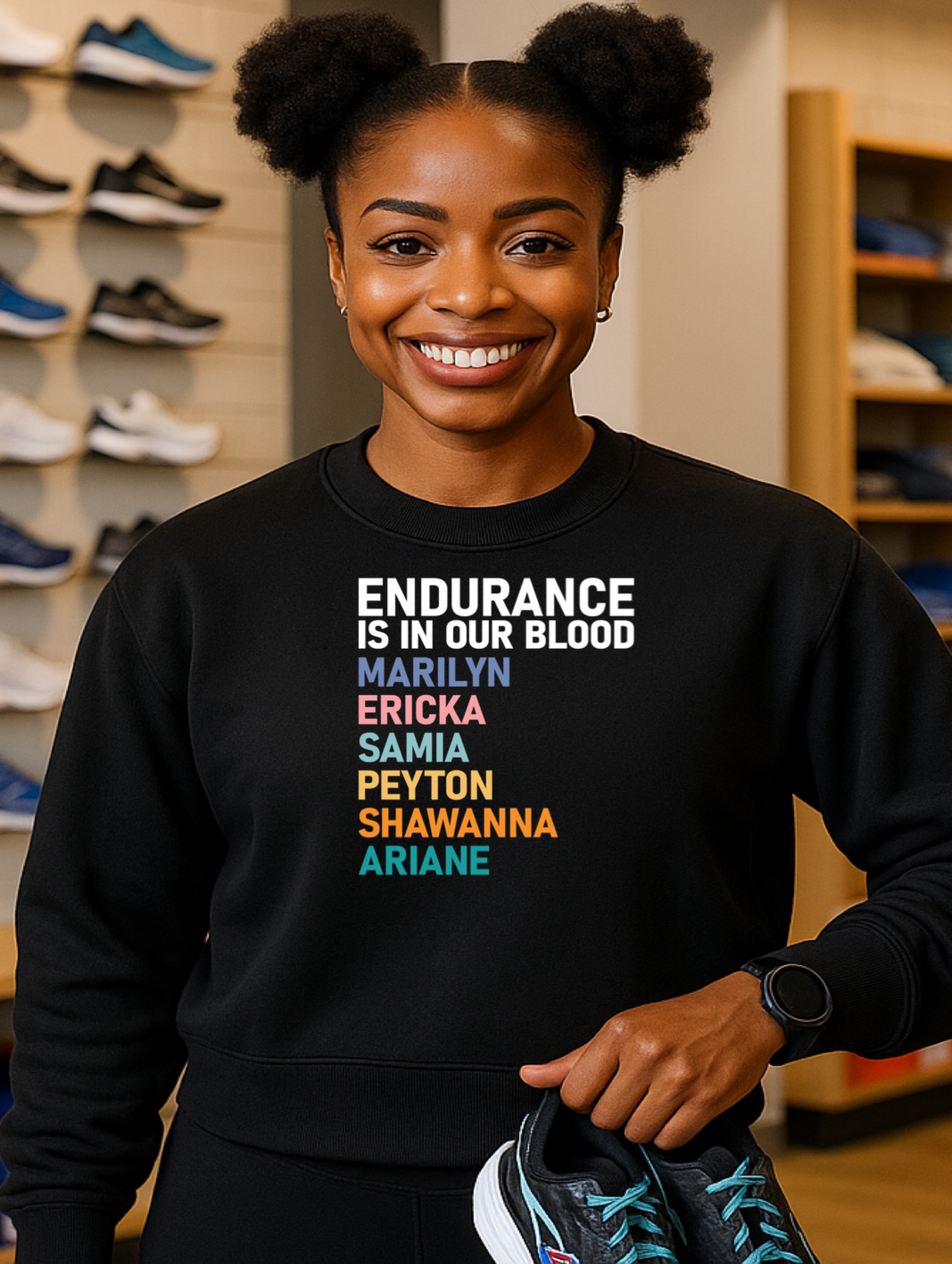 A woman wearing a black sweatshirt with  a  list of black female marathoners standing in a running store