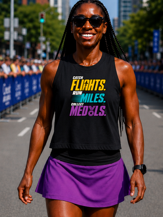 Catch Flights, Run Miles, Collect Medals Crop Tank