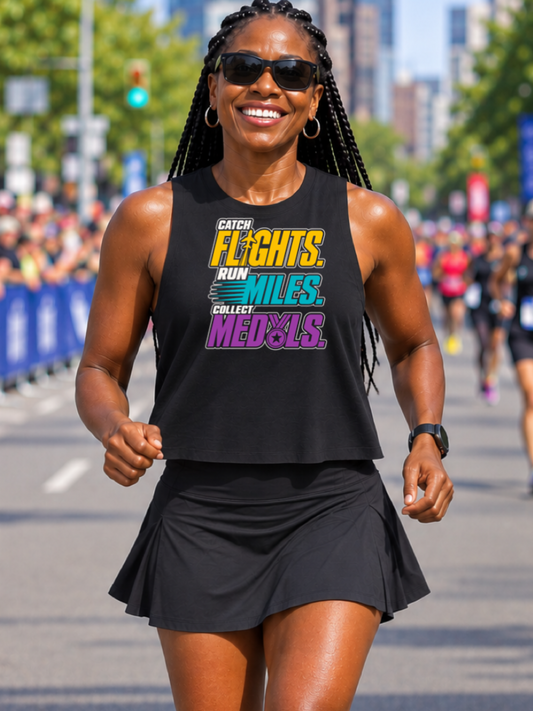 Catch Flights, Run Miles, Collect Medals Crop Tank