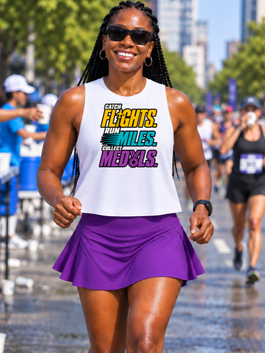 Catch Flights, Run Miles, Collect Medals Crop Tank