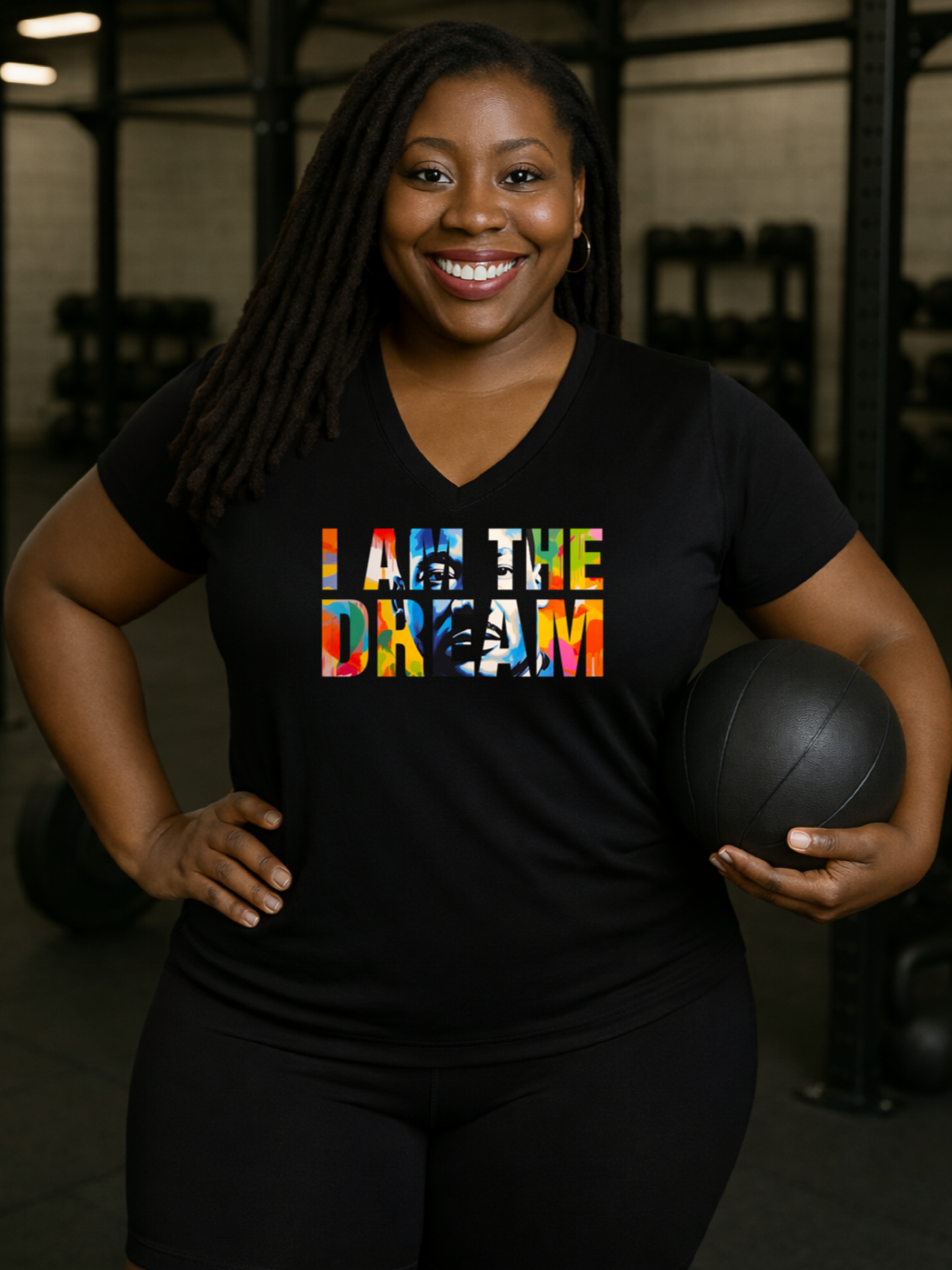 Black Woman wearing a black t-shirt with 'I AM THE DREAM' text, holding a medicine ball in a gym setting.