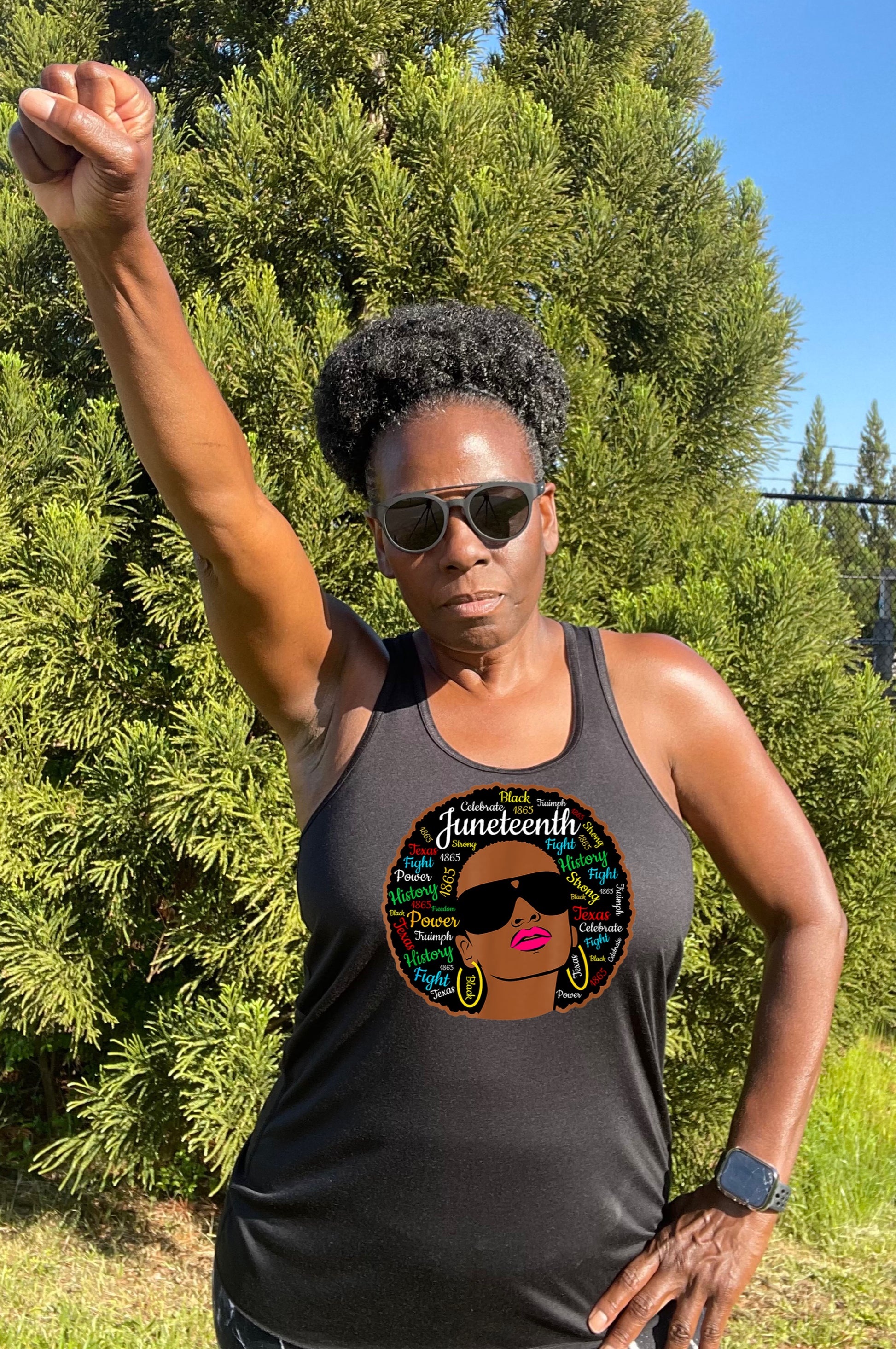 Black Juneteenth tank top for working out with Afro girl