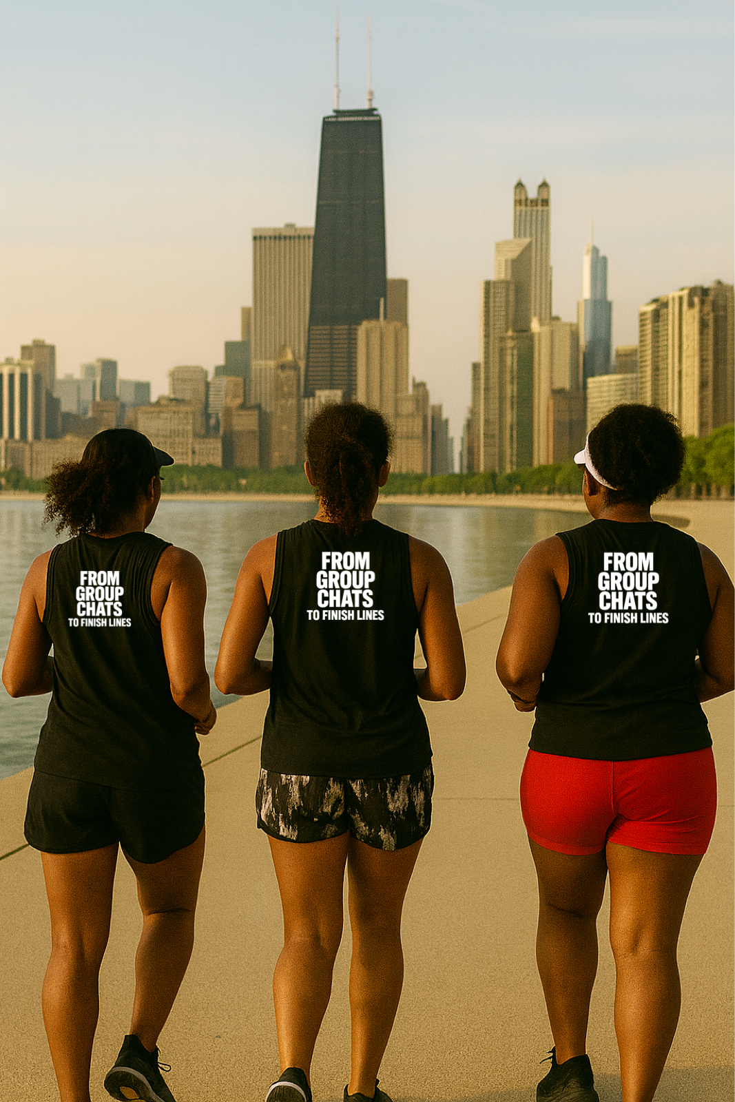 Three women wearing run cousins muscle tank running with a city skyline in the background