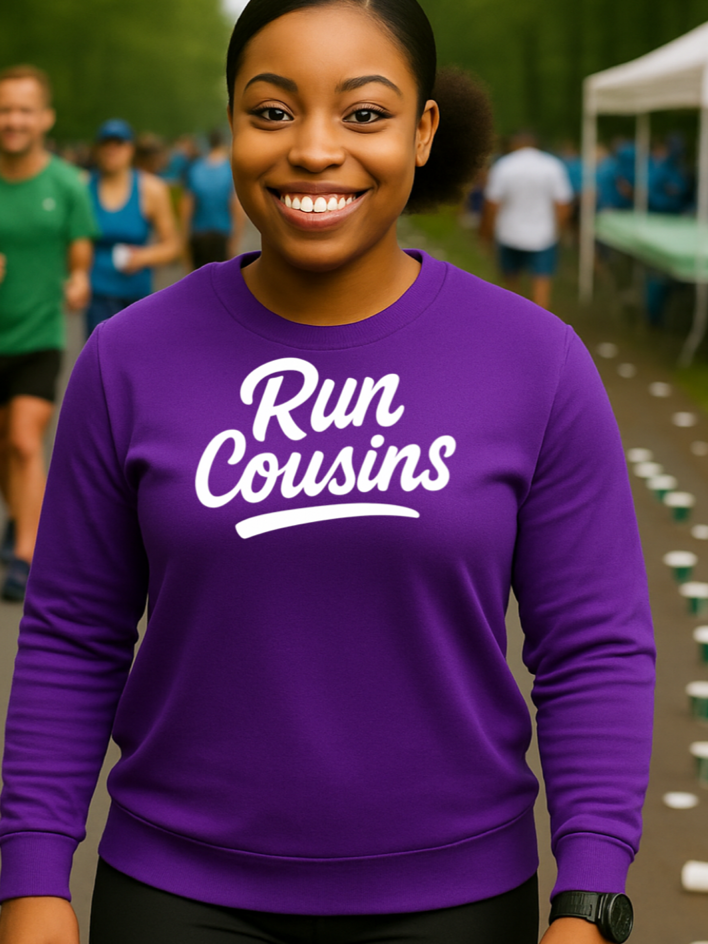 A runner wearing a purple 'Run Cousins' sweatshirt at an outdoor running event.
