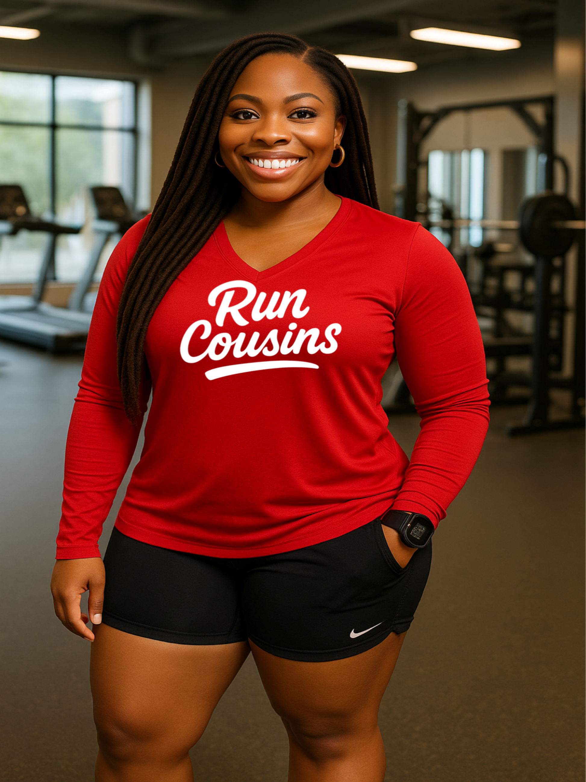 A girl in the gym wearing a red 'Run Cousins' shirt in a gym setting