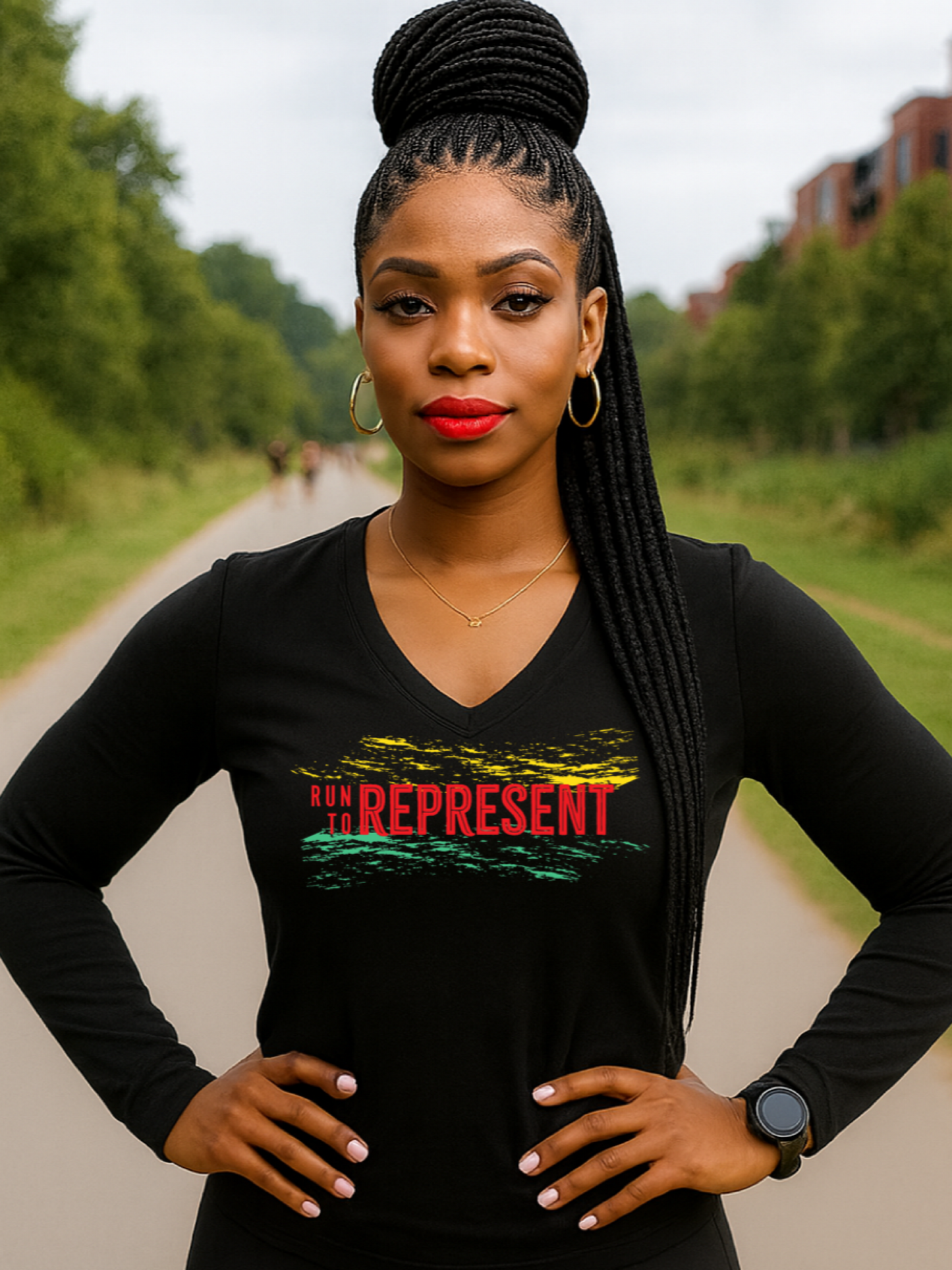 Woman wearing a black long-sleeve shirt with Run To 'REPRESENT' text outdoors.