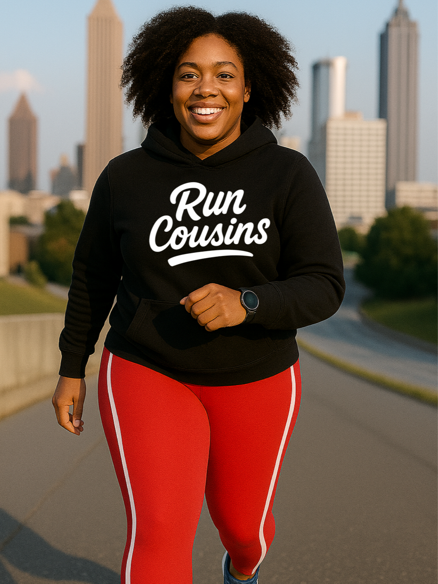 A Runner wearing a black hoodie with 'Run Cousins' text and red pants, standing in front of a city skyline.