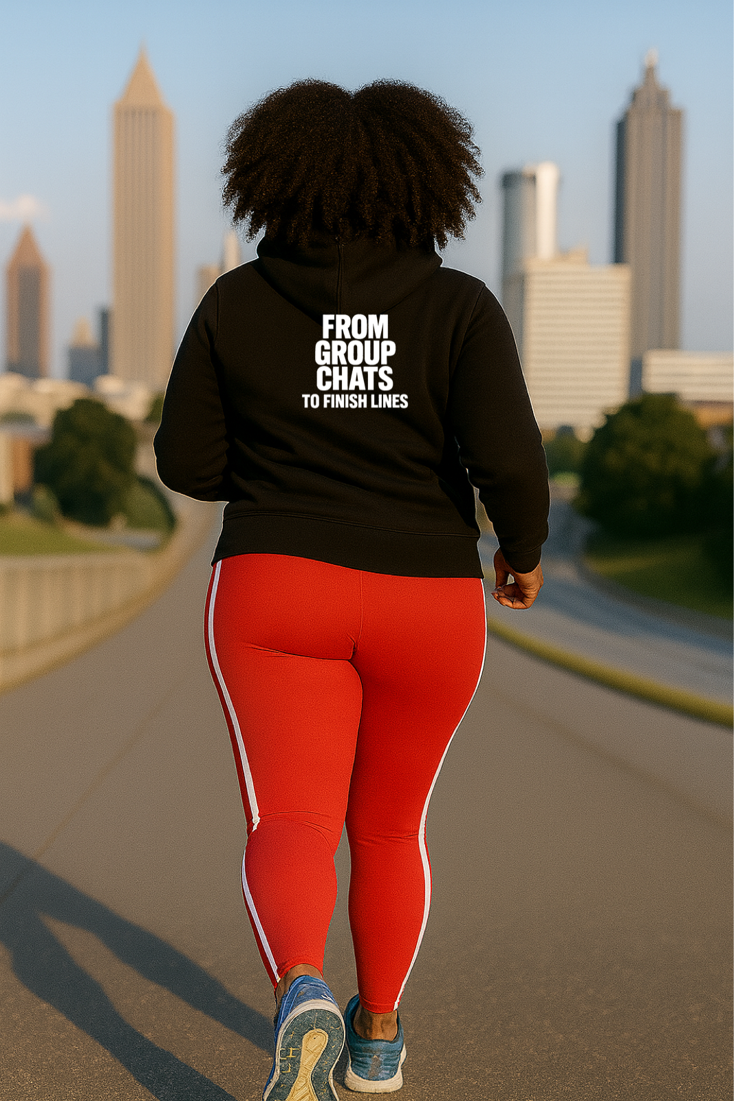 Person wearing a black hoodie with text that says from group chats to finish lines and red leggings walking on a path with a cityscape in the background
