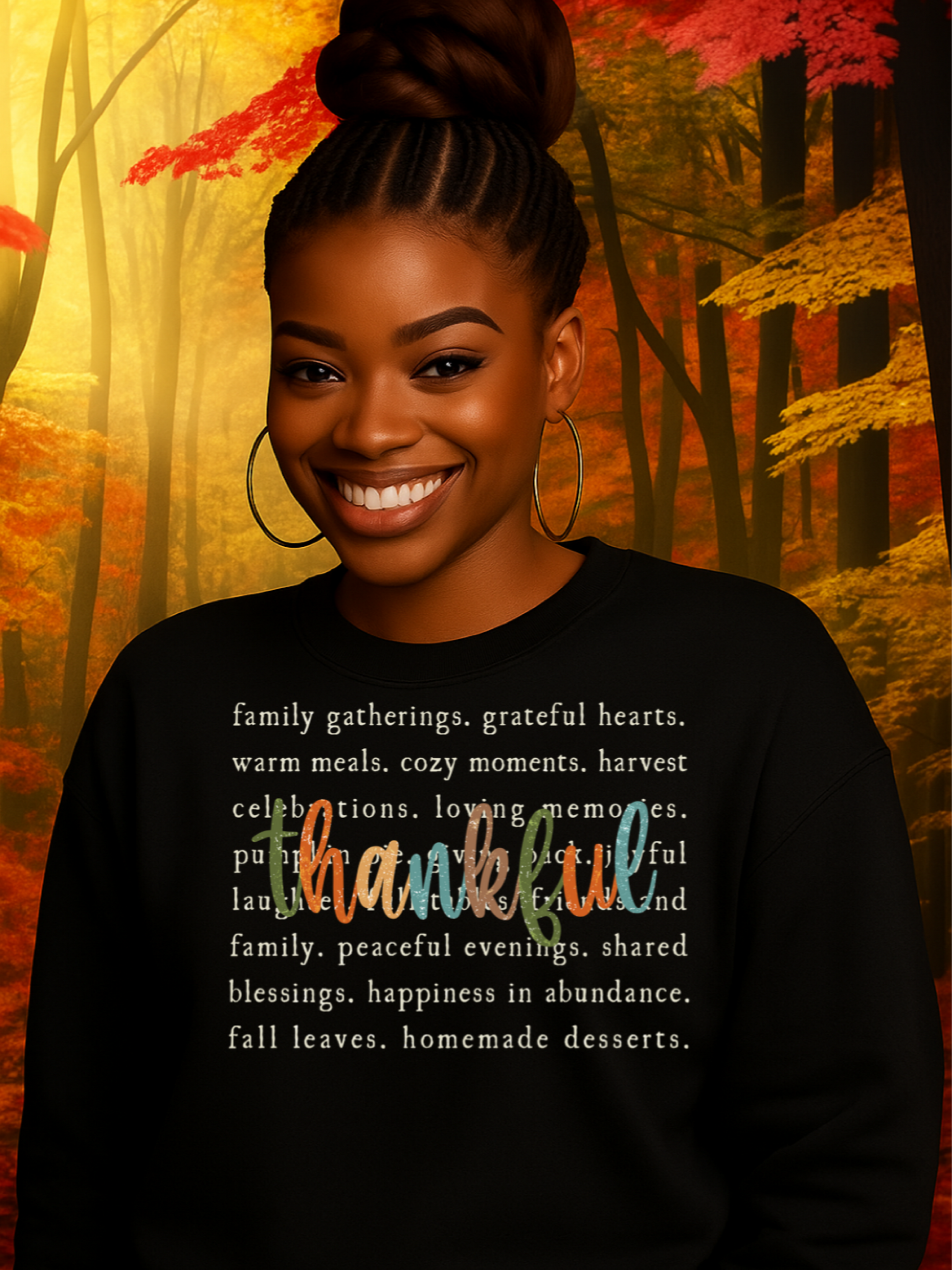 a black woman wearing a black sweatshirt with Thanksgiving text in front of a forest background