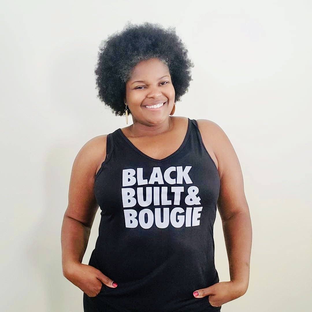 Black Girl standing with hands in pocket wearing a Black Built, Bougie Tank Top Tank Top 