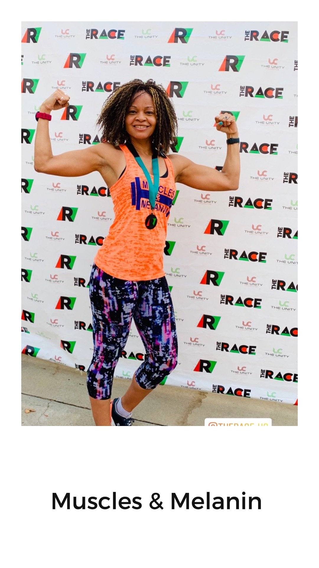 Muscles & Melanin running Tank Top on runner with medals 
