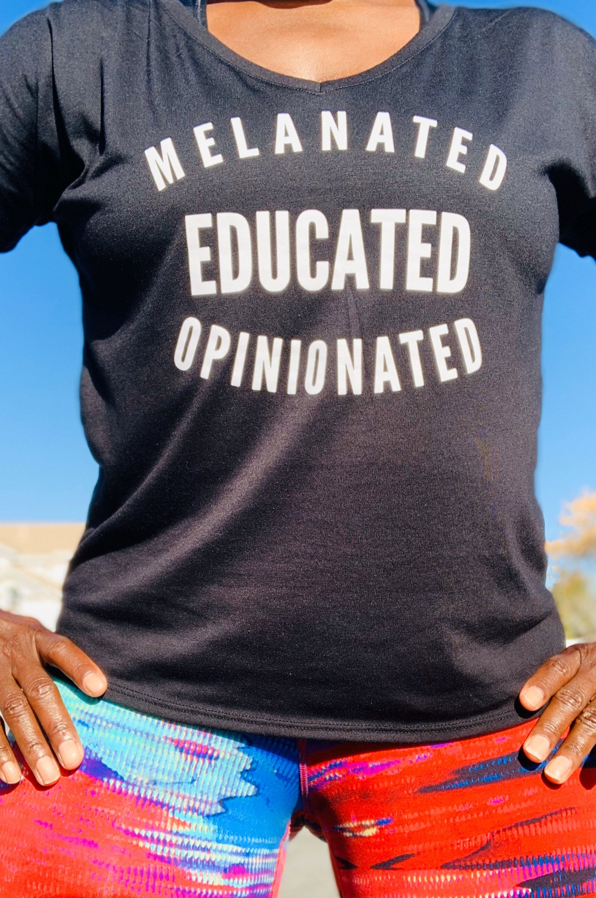 Black Melanated Educated Opinionated V Neck T Shirt T shirt on runner 