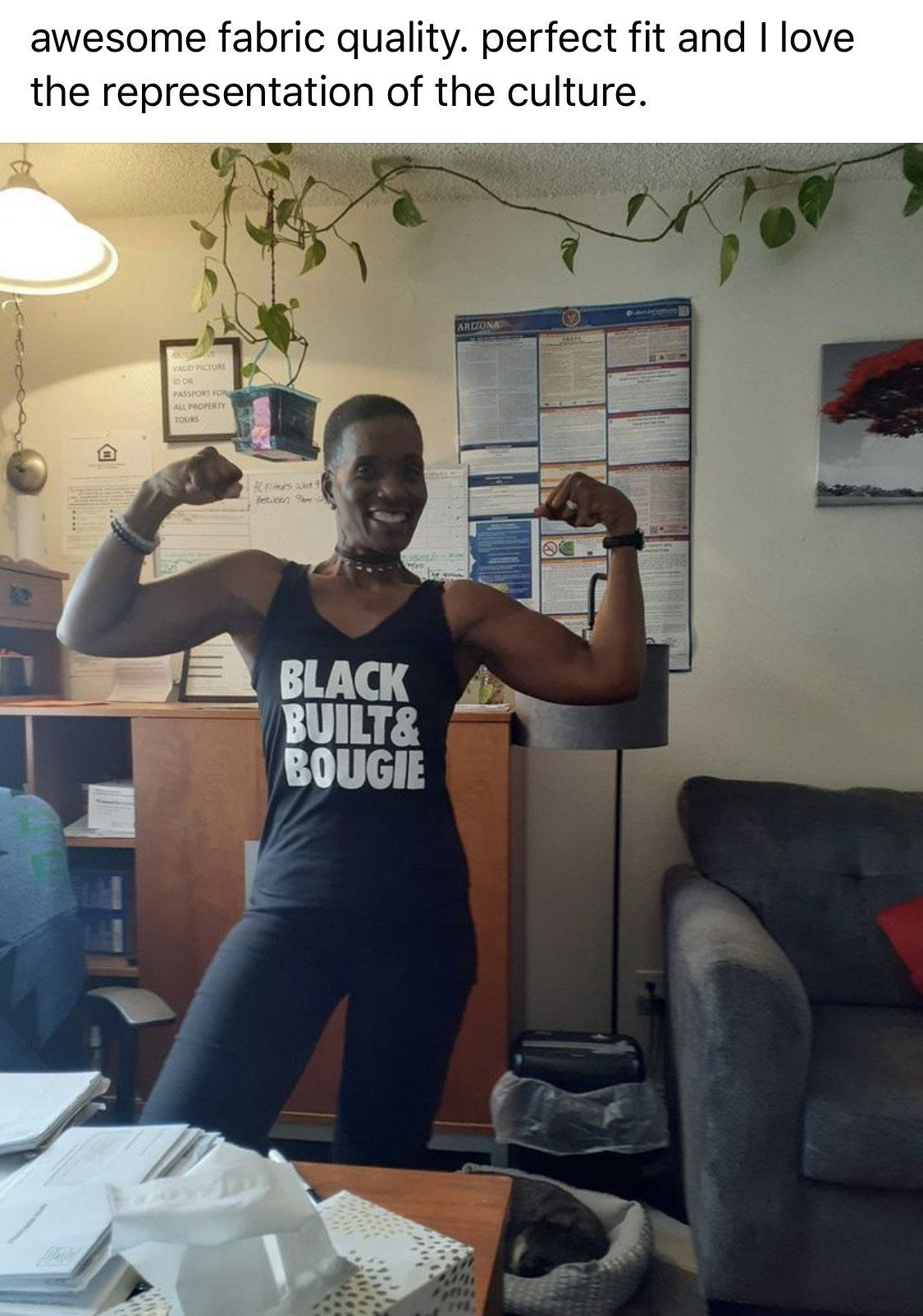 Black girl in Black Built Bougie tank top doing a double biceps pose 